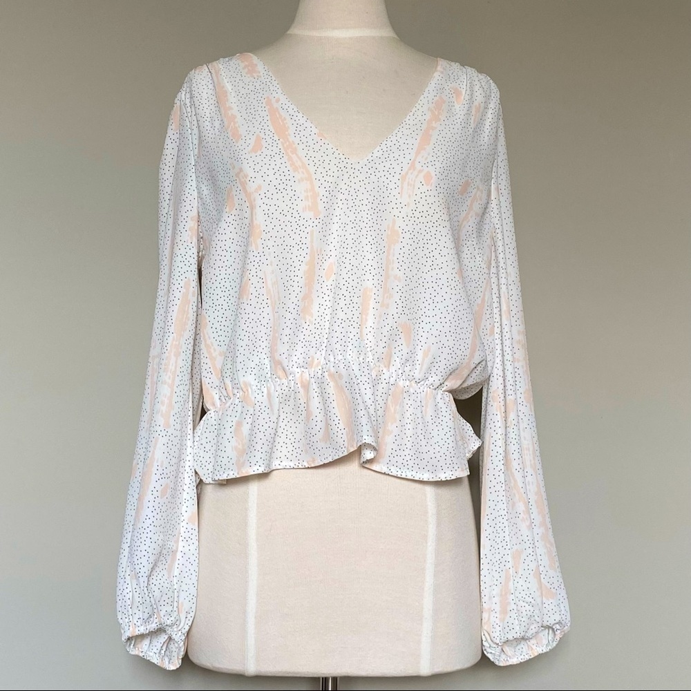 Harper Wren White Blush Dot Holland Peplum Long Sleeve Top, Large